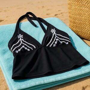 Be Creative Halter Tankini Swim Top Black Embroidered Tie-Back Size Small